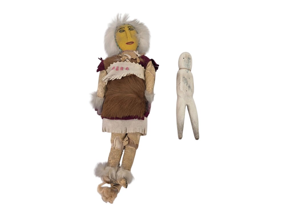 Bone or Antler Figure Attributed to Wilbur Kuzuguk & Damaged Fur-and-Hide Doll