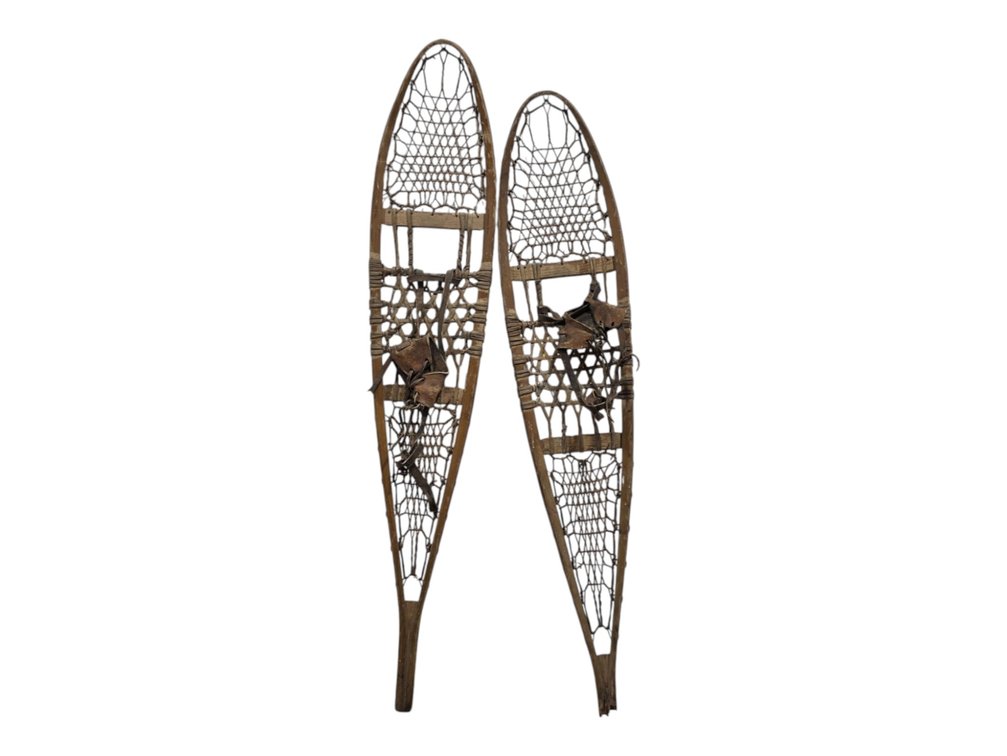 Two Wood & Rawhide Snowshoes with Leather Bindings, One with Broken Tail