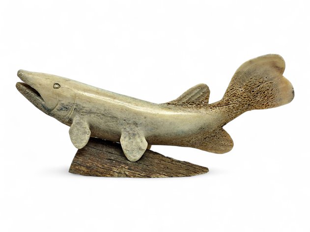 Carved Salmon Figure in Antler or Bone on an Antler Base