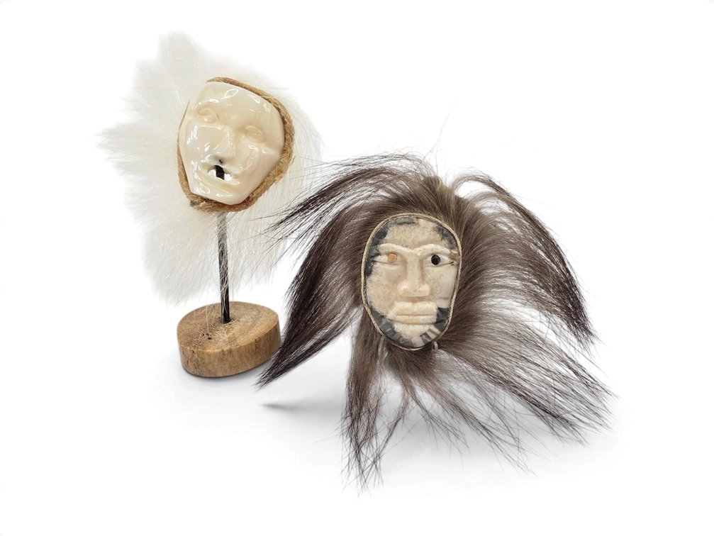 Aahaqaq & Willie Wilson Miniature Walrus Ivory Masks with Fur Ruffs