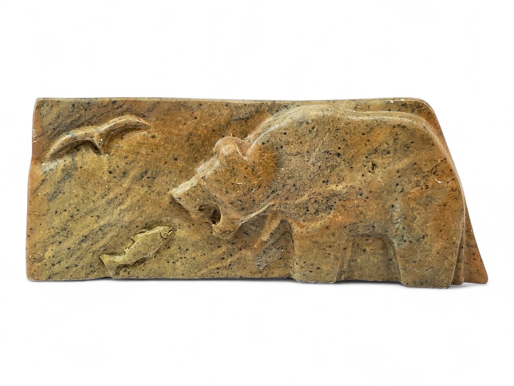 Wilson Hess Soapstone Relief of a Bear, Bird & Salmon, Dated 2015