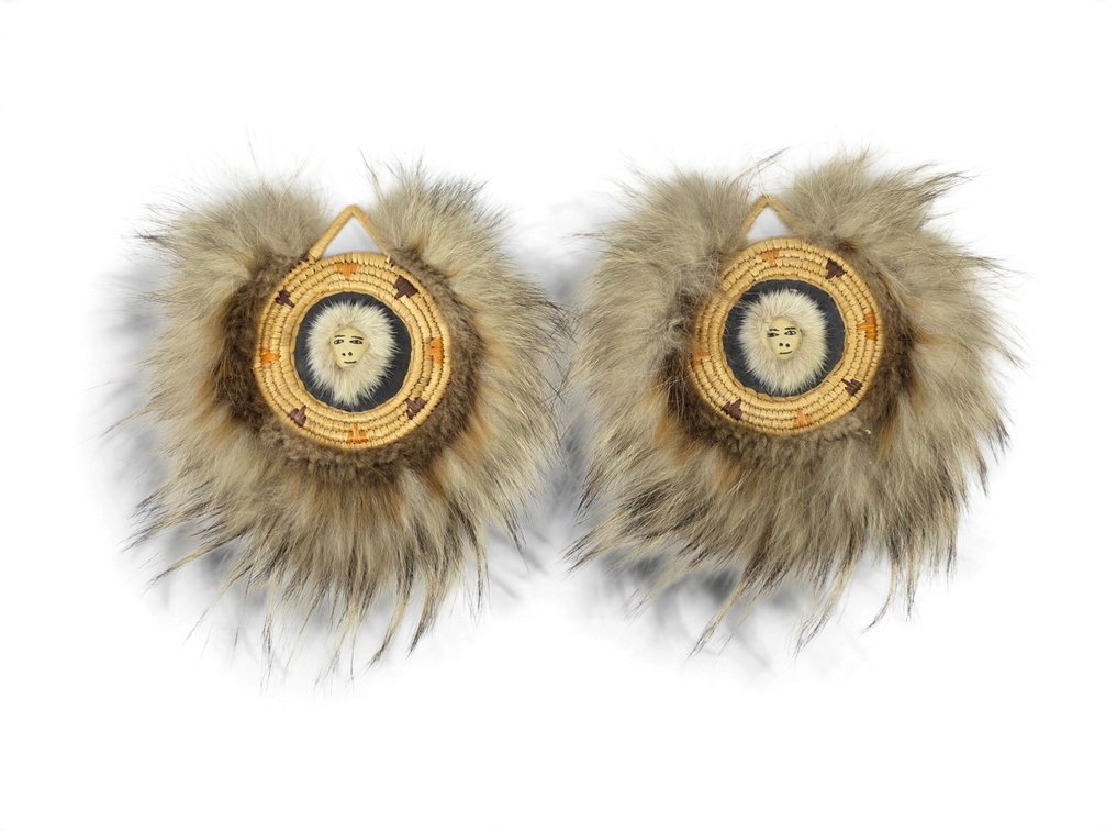 Pair of Yup’ik Dance Fans with Coiled Grass Frames & Fur-Trimmed Faces