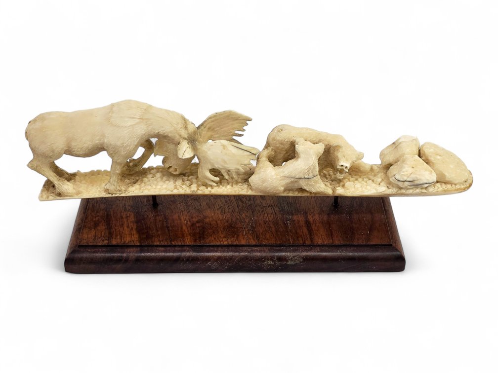 D. Noel Smith Walrus Ivory Moose & Two Bears on Wood Base
