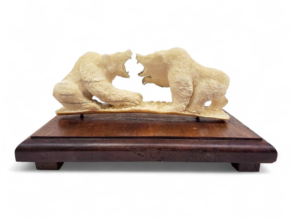 D. Noel Smith Walrus Ivory Fighting Bears on Removable Wood Base
