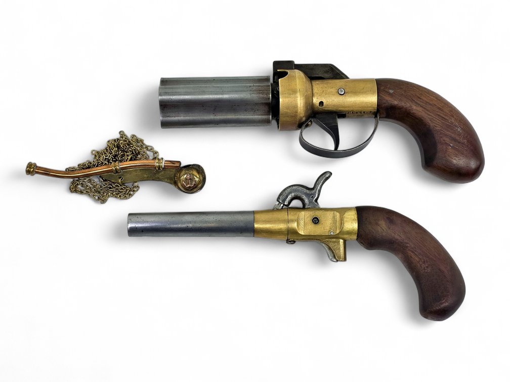 CMC Pepperbox & Percussion Boot Pistols with Brass-and-Copper Boatswain’s Whistle