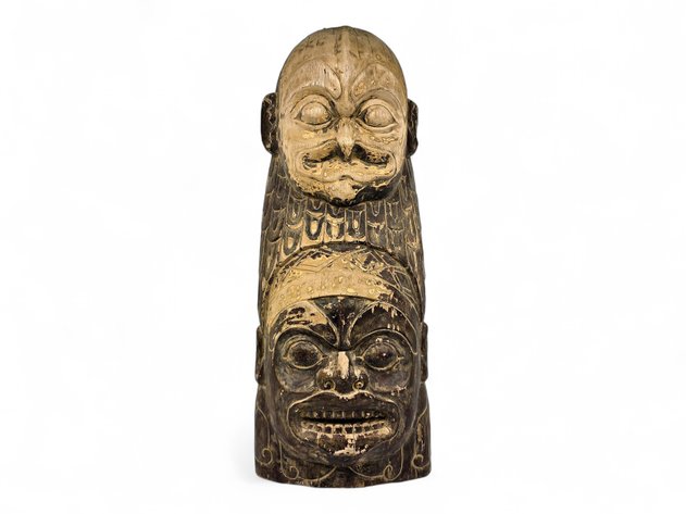 Large Double-Face Carved Wood Wall Mask, Initialed B.H.