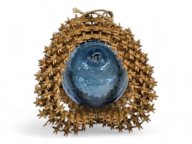 Japanese Blue Glass Fishing Float in an Intricate Wooden Cage