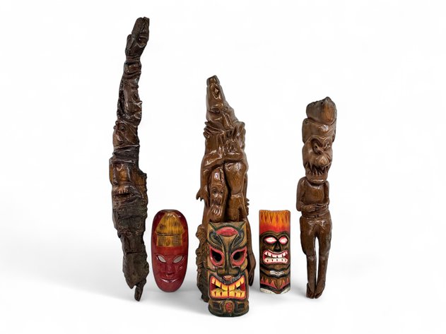 Wood Figural Carvings & Three Painted Tiki-Style Masks, Six Pieces