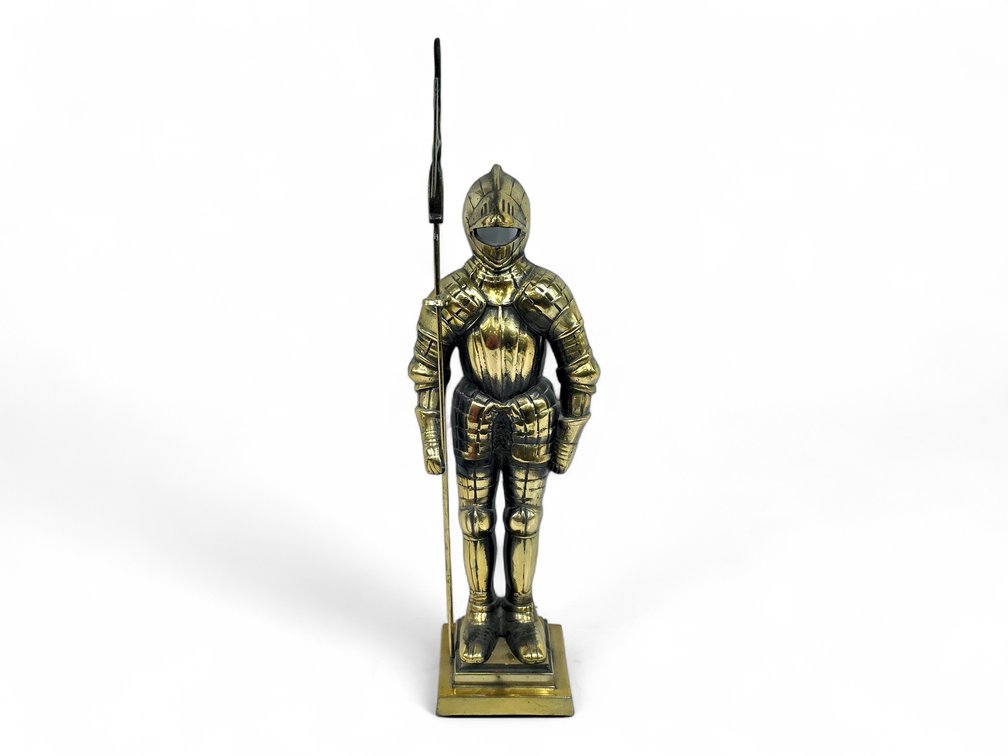 Brass-Tone Cast-Metal Armored Knight with Halberd, Nearly 30 Inches High