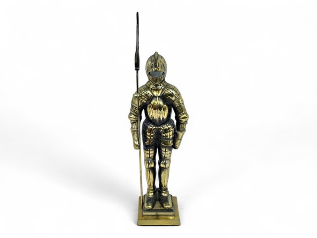 Brass-Tone Cast-Metal Armored Knight with Halberd, Nearly 30 Inches High