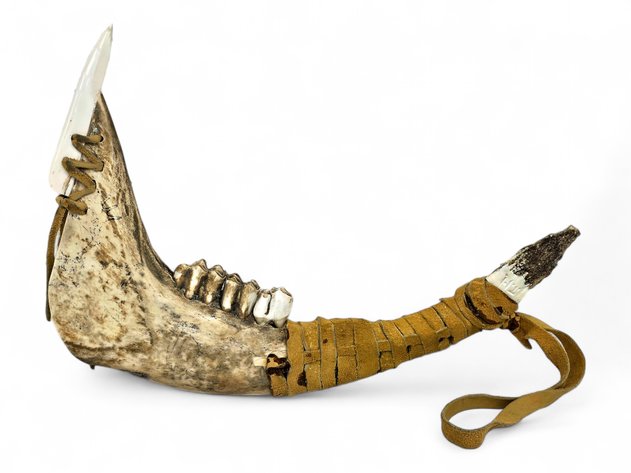Jawbone Club-Form Object with Ivory, Scrimshaw & Leather-Wrapped Grip
