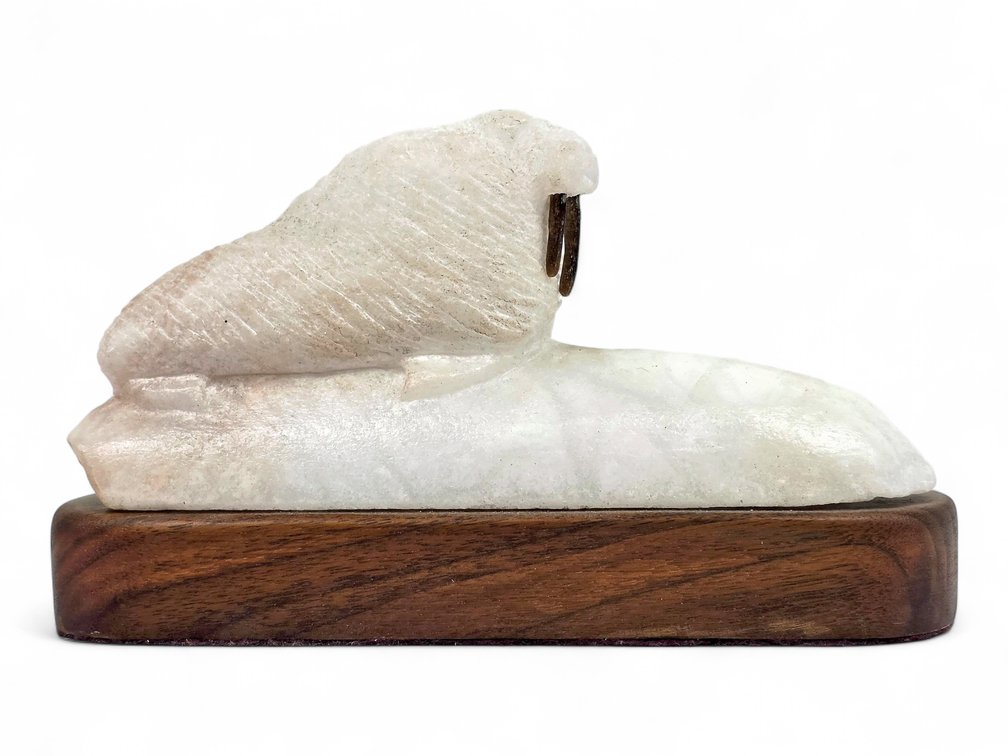 Michael E. Scott Carved Stone Walrus on Wood Base, Signed & Dated 1991