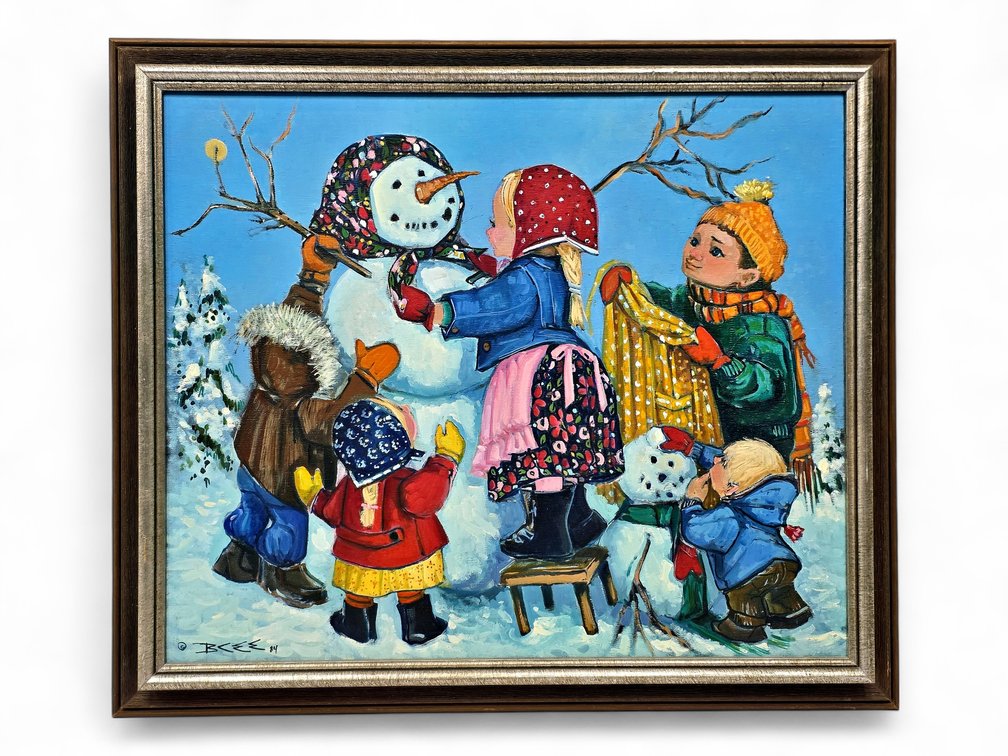 BCEE Original Acrylic Winter Scene of Children & Snowmen, Signed & Dated ’84