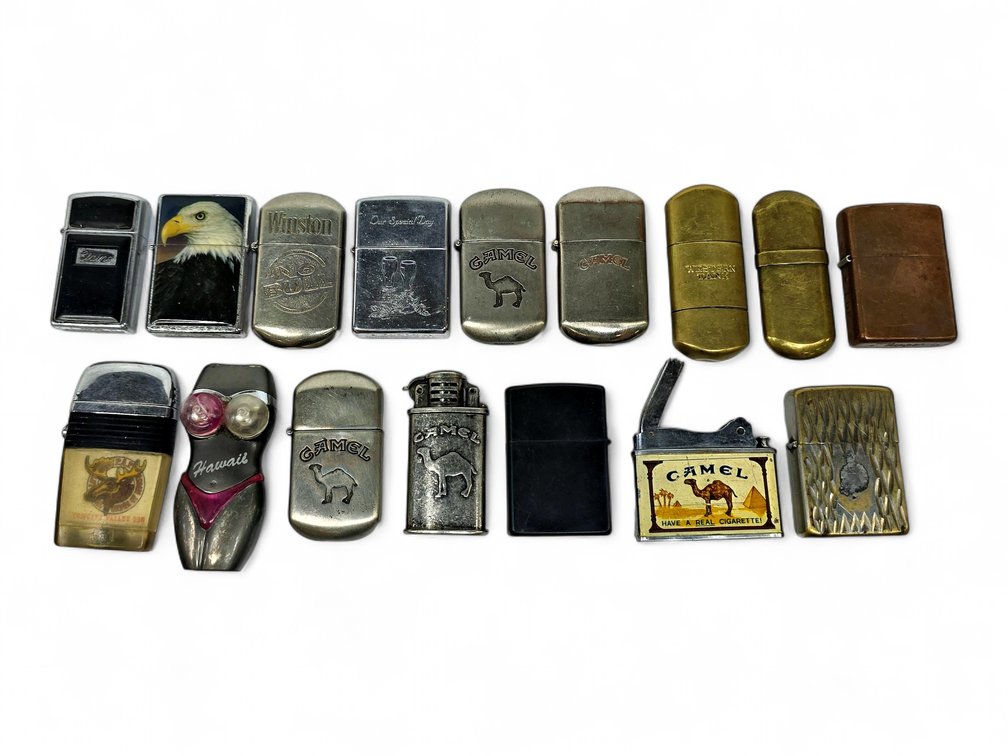 16 Lighters: Copper Zippo, Camel & Winston Advertising, Hawaii Novelty & More