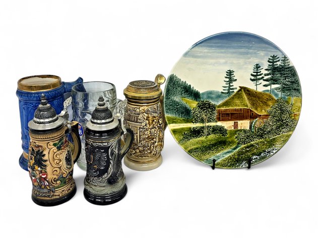 Five Beer Steins Including Zöller & Born & Avon, with Watermill Wall Plate