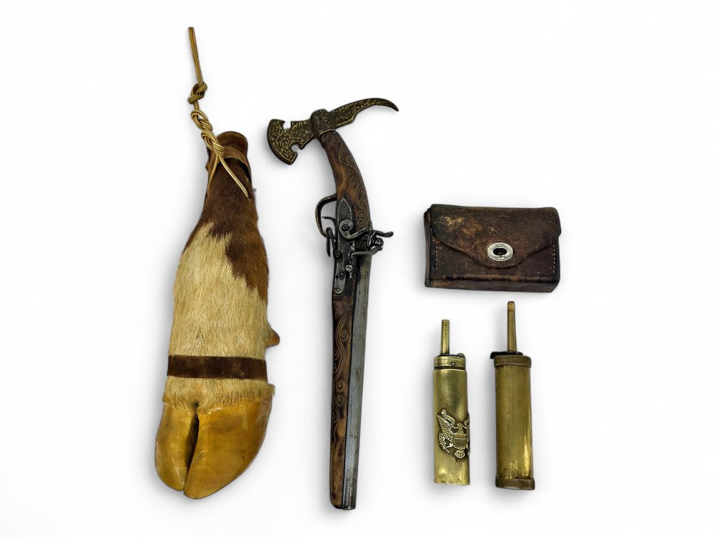 Replica Flintlock Axe Pistol, Hoof Bottle, Leather Cartridge Pouch & Powder Flasks