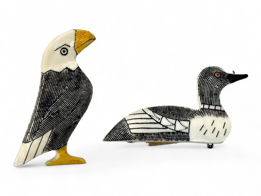 Rita Mayac Walrus Ivory Scrimshaw Bald Eagle & Loon Pins
