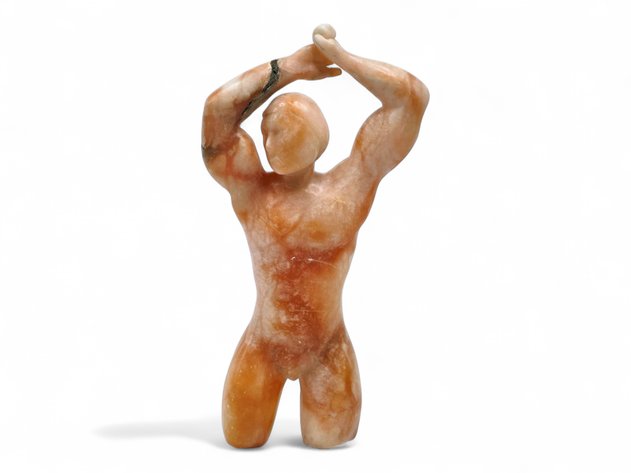 Peach-Toned Stone Male Torso with Raised Arms, in the Style of Anthony Quinn