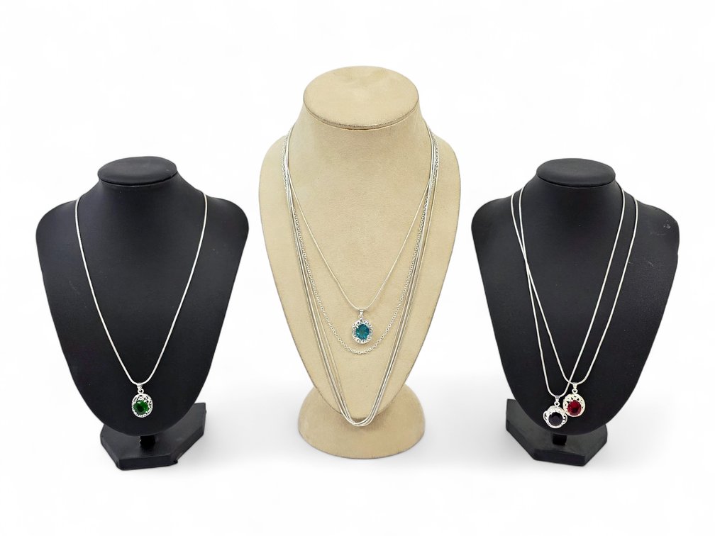 Sterling Silver Pendant Necklaces with Colored Inserts & Additional Chains, 40.52g