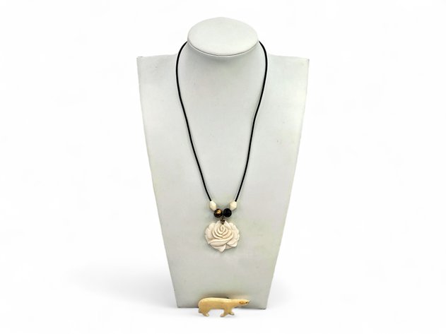Walrus Ivory Rose Necklace & Polar Bear Pin Attributed to Melcher Oozevaseuk