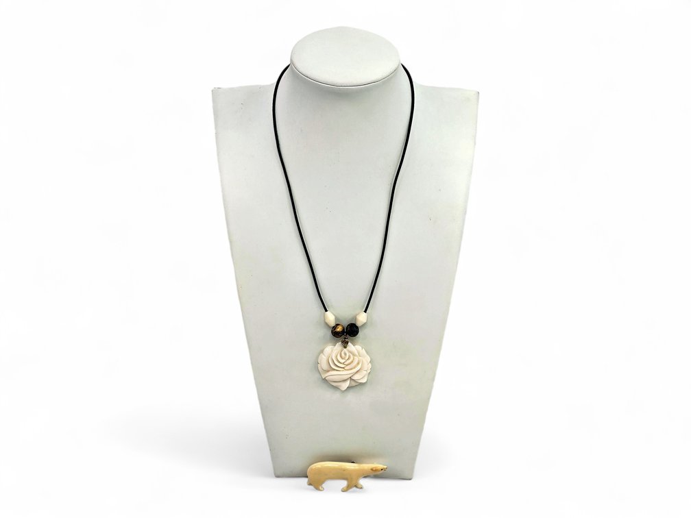 Walrus Ivory Rose Necklace & Polar Bear Pin Attributed to Melcher Oozevaseuk