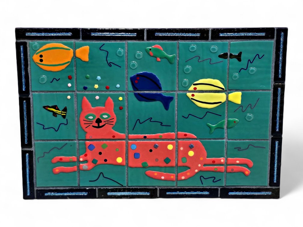 Irene B. Lindquist "Cat’s Dream" Glazed Ceramic Tile Panel, Marked 3/94