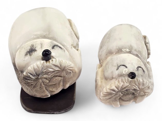 Two Antler Happy Walrus Carvings, One on Baleen Base Initialed GD