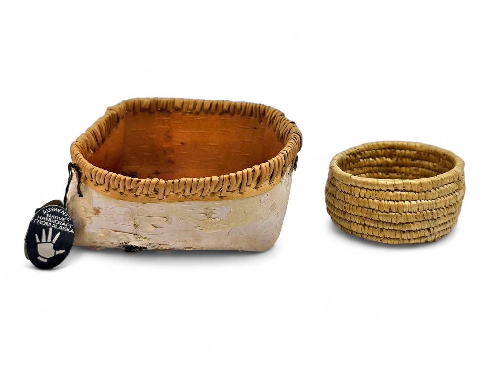 Stella Sam Birch Bark Basket with Silver Hand Tag & Small Coiled Grass Basket