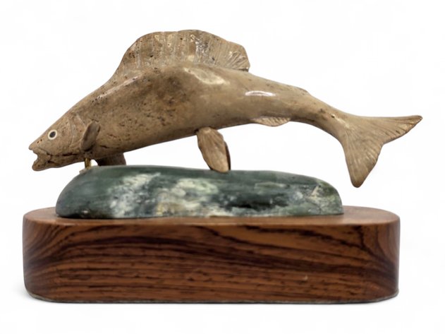 Michael E. Scott Arctic Grayling in Mineralized Walrus Jawbone on Soapstone & Wood Base
