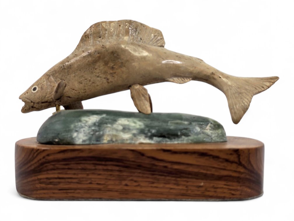 Michael E. Scott Arctic Grayling in Mineralized Walrus Jawbone on Soapstone & Wood Base