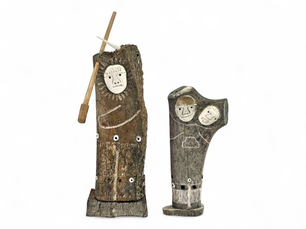 Wilbur Kuzuguk Whalebone & Antler Figures with Ivory Inlay, Initialed WK
