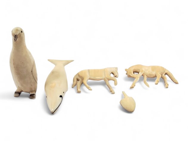 Five Walrus Ivory Carvings: Bird, Whale, Two Horses & Detached Spade-Shaped Piece