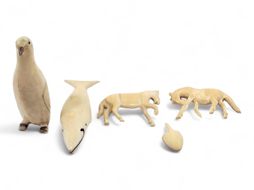 Five Walrus Ivory Carvings: Bird, Whale, Two Horses & Detached Spade-Shaped Piece