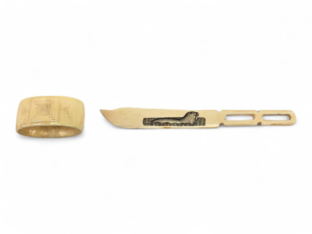 Walrus Ivory Scrimshaw Letter Opener & Geometric-Decorated Napkin Ring