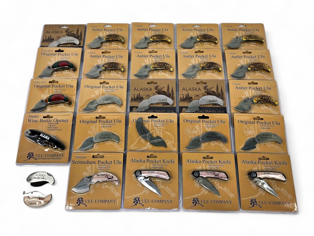26 Alaska Souvenir Tools: 22 Folding Ulus, Three Pocket Knives & Wine Opener