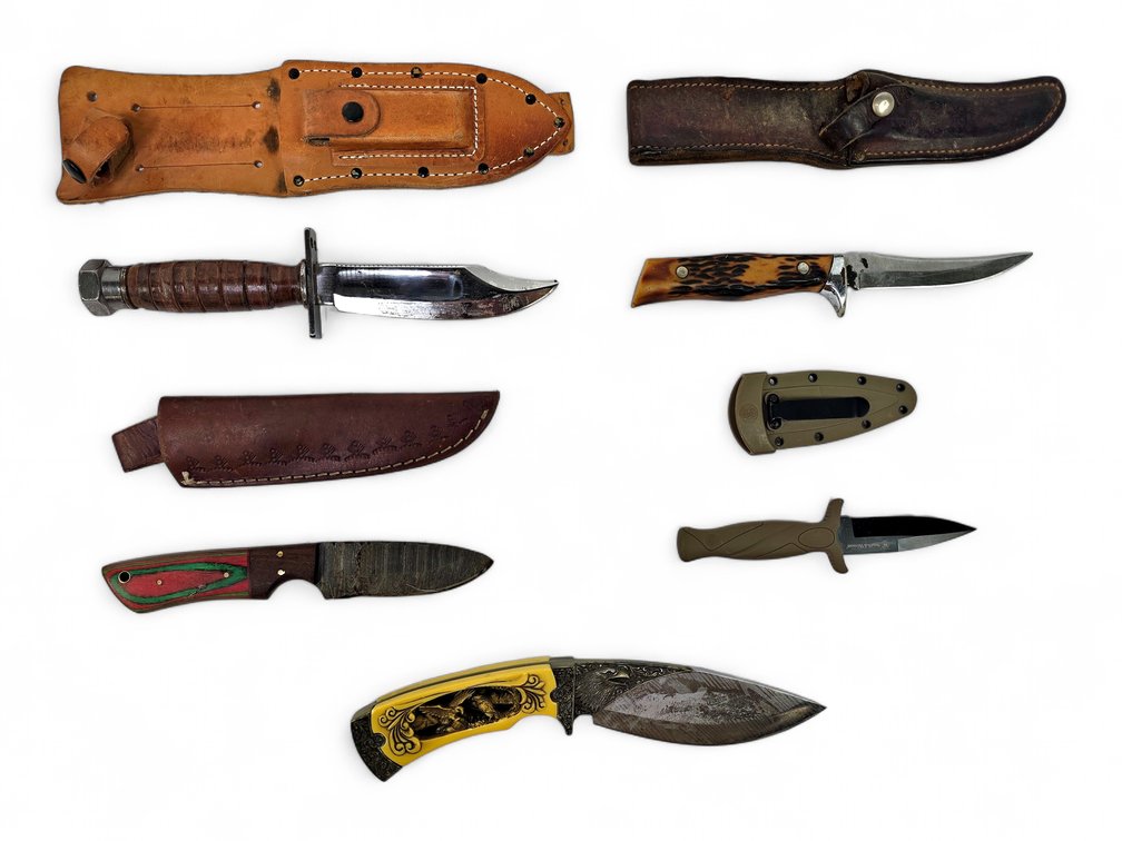 Five Fixed-Blade Knives: Eagle Motif, Bowie-Style, Smith & Wesson & Damascus