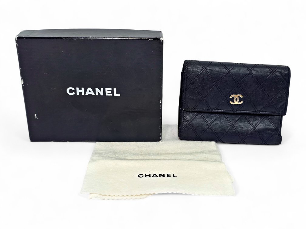 Chanel Black Quilted Tri-Fold Wallet with Box & Cloth