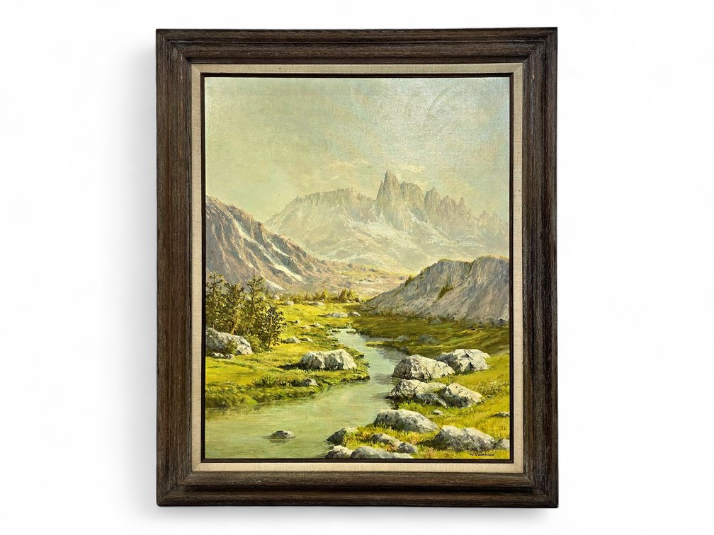 Mountain Stream Oil Painting Signed W. Bachmann, Framed, 37 Inches High