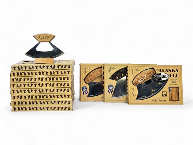 12 Ulu Factory Alaska Ulus with Wood Handles, Stands & Retail Boxes