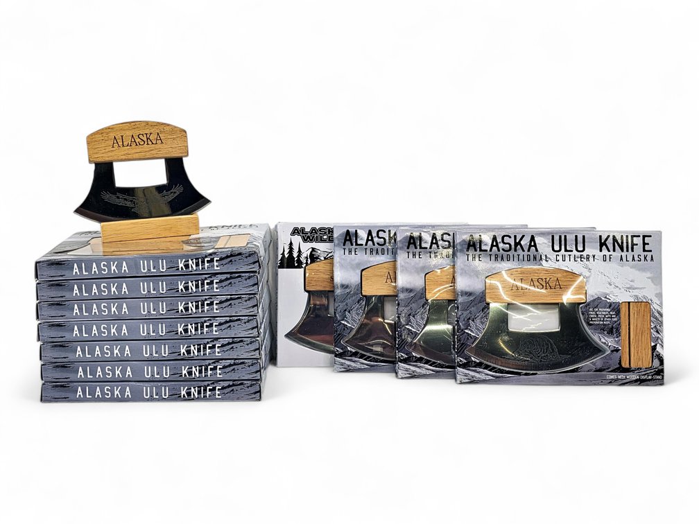 12 Boxed Ulu & Stand Sets: Ten Bear-and-Salmon, One Eagle & One Skagway