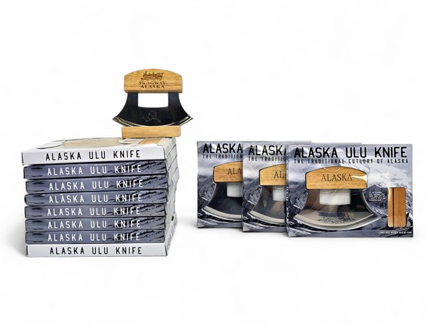 12 Boxed Ulu & Stand Sets: Nine Bear-and-Salmon & Three Alaska Wild Skagway