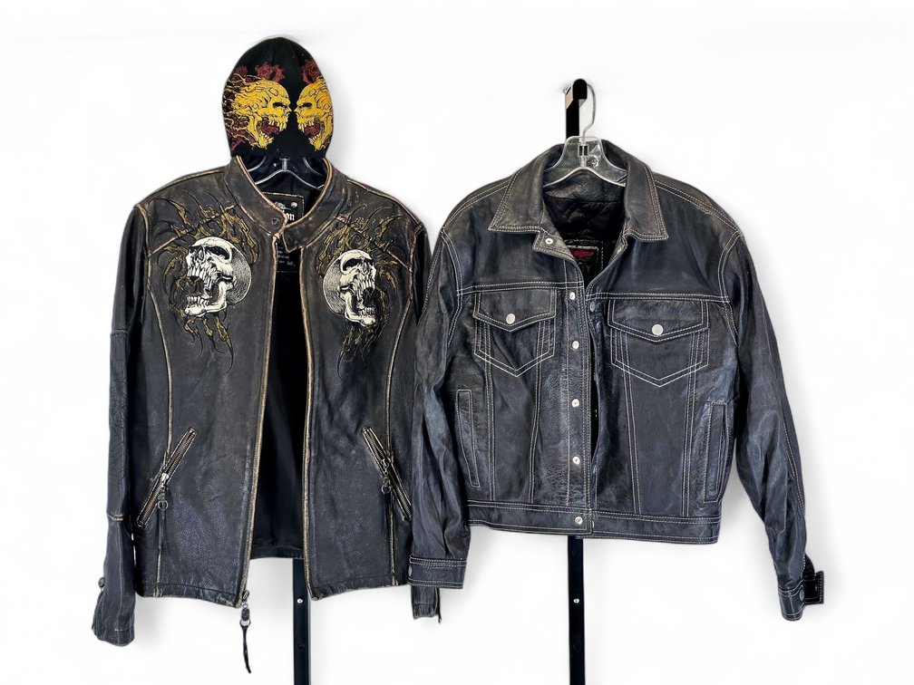 Affliction Leather Jacket & Boy London Leather Jacket, Both S, Plus Beanie