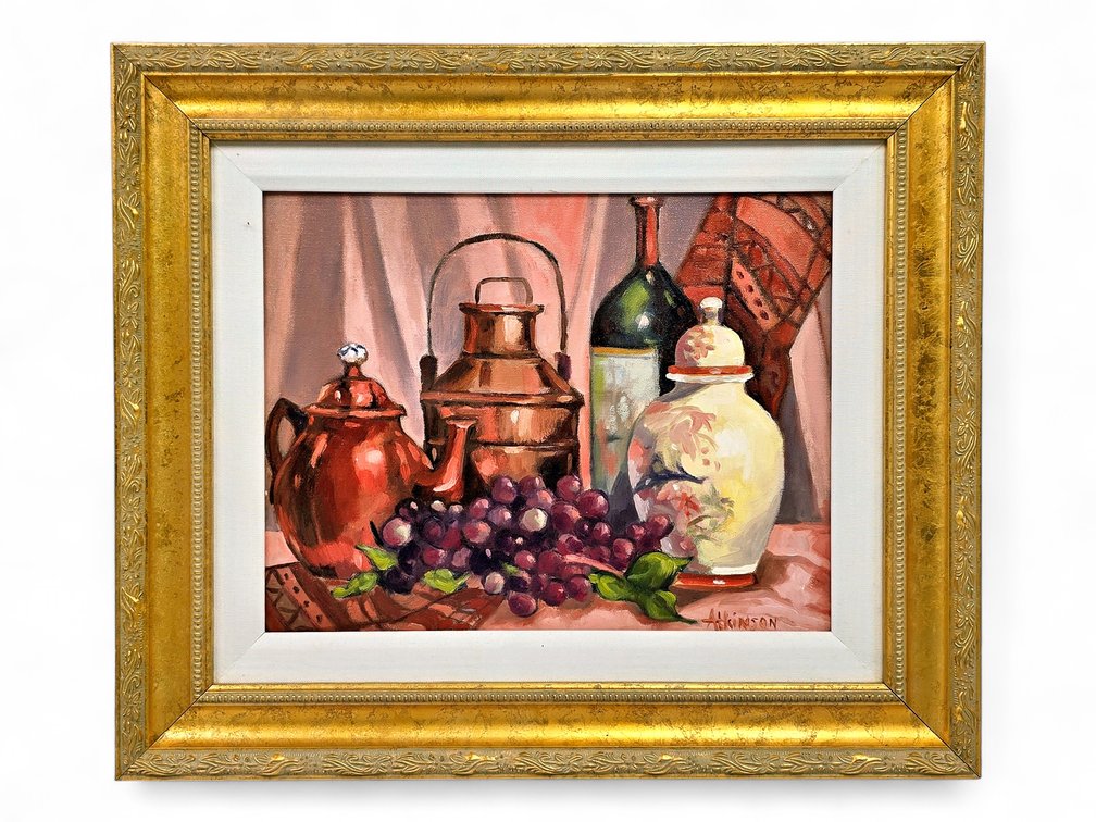 Betty Atkinson Oil Still Life with Copper Vessels, Grapes & Ginger Jar