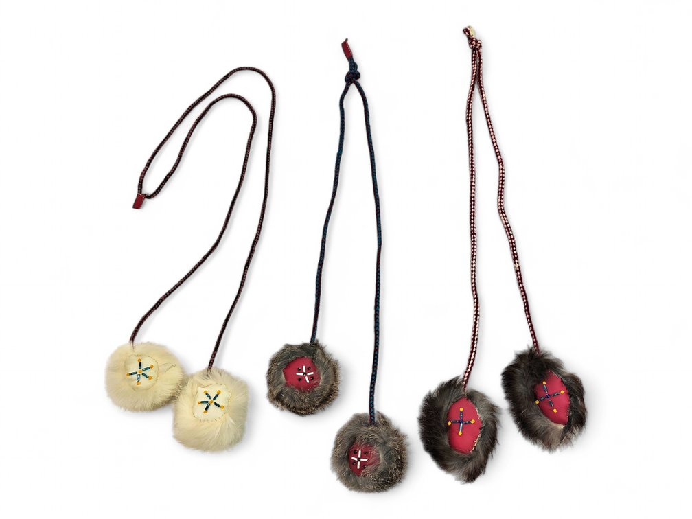 Three Alaska Fur & Hide Yo-Yos with Colored Beadwork & Braided Cords