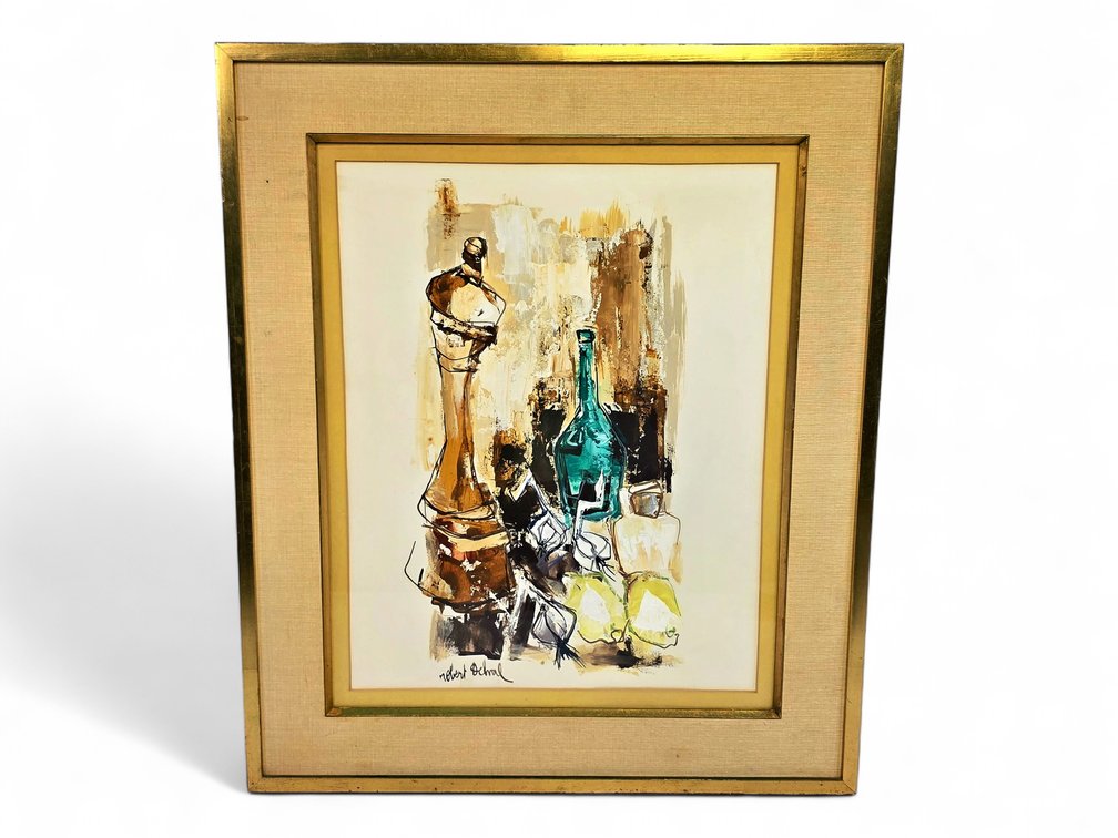 Robert Delval Mixed-Media Still Life with Pepper Mill, Bottle, Garlic & Pears