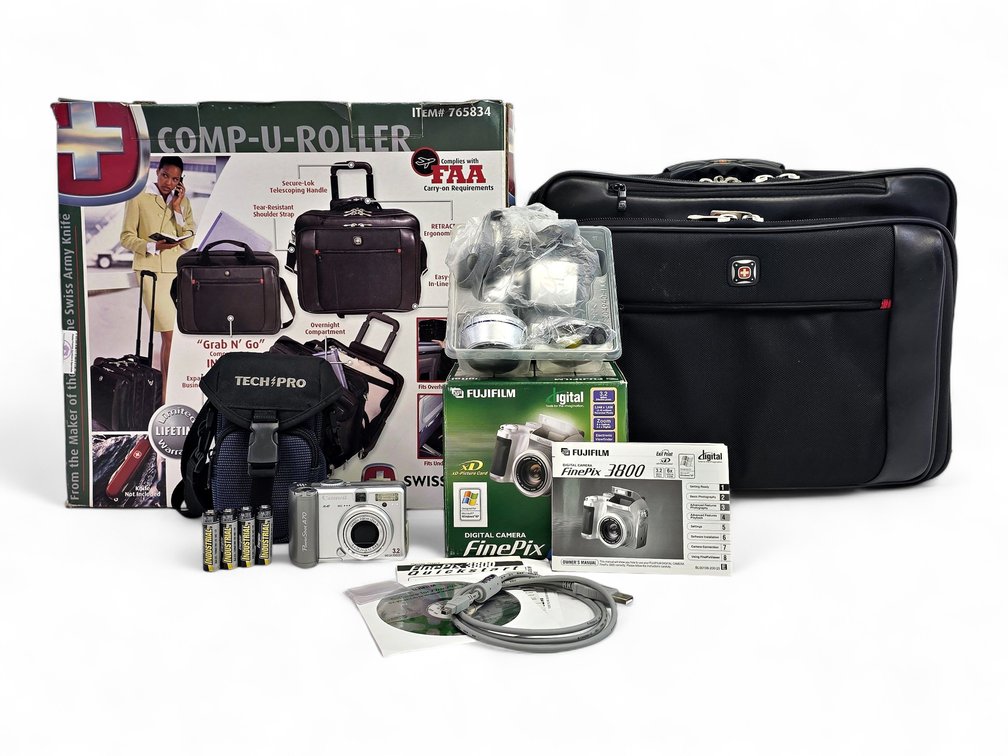 Fujifilm FinePix 3800 & Canon PowerShot A70 Cameras with SwissGear Rolling Computer Bag
