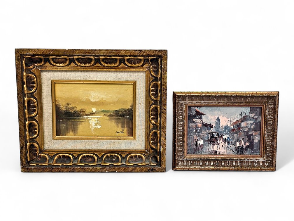 Two Framed Oil Paintings: Lake Landscape Signed Garth & Philippine Street Scene