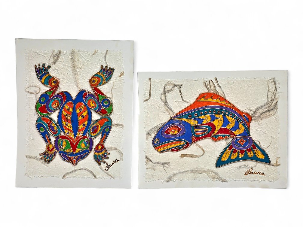 Two Laura Bethke Northwest Coast-Style Mixed-Media Works — Frog & Salmon