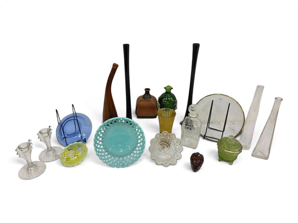 Decorative Glassware & Turquoise Ceramic Compote — Vases, Candle Holders & Bottles