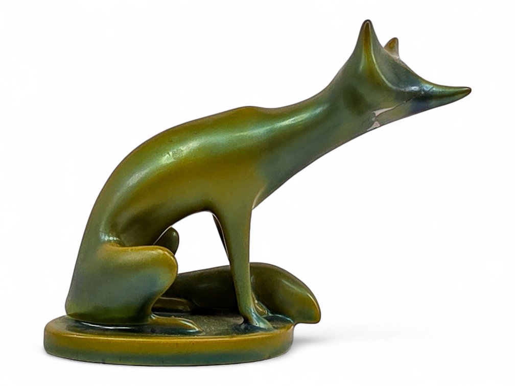 Zsolnay Eosin-Glazed Seated Fox Figurine, Marked Hungary